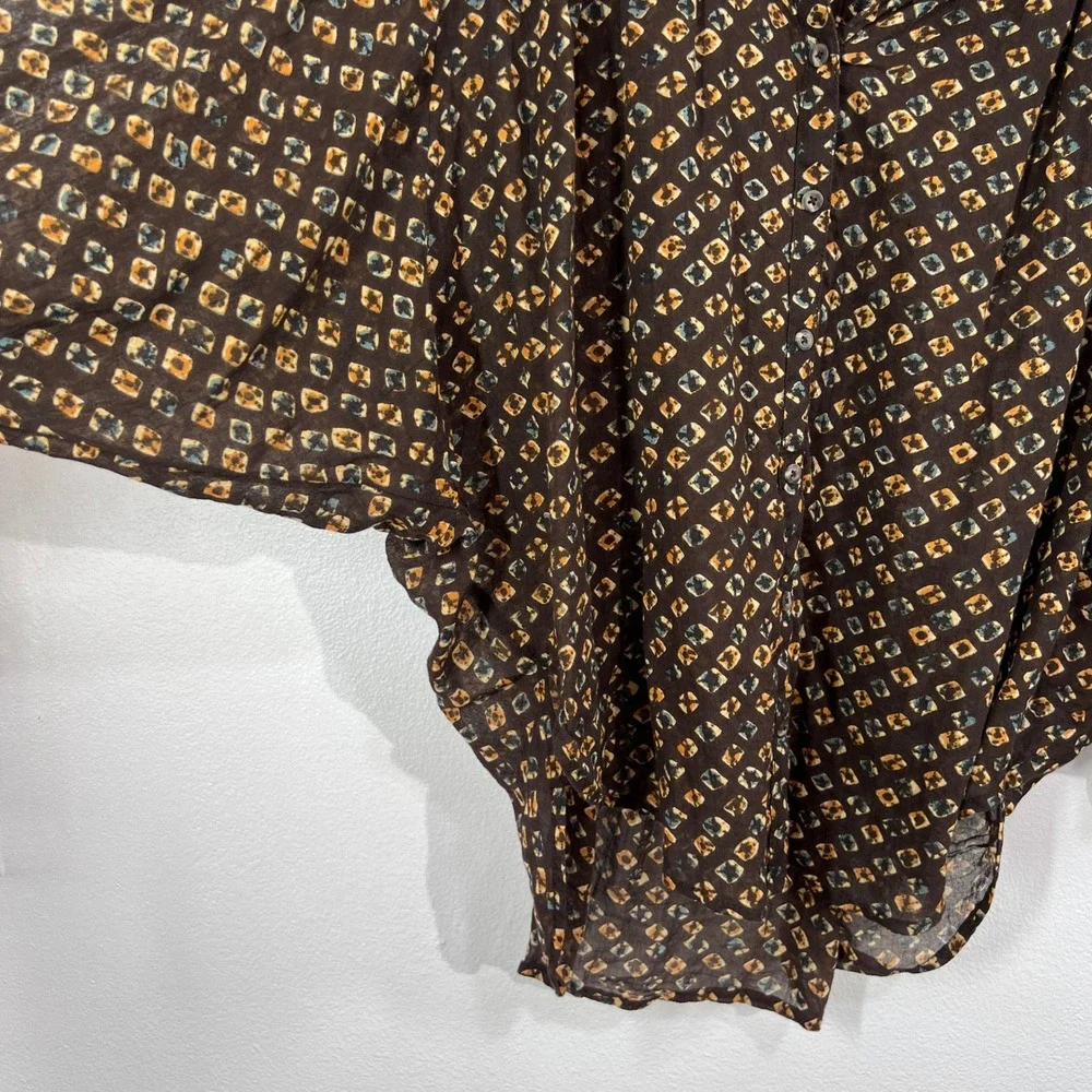 Anthropologie Boho Peasant Blouse M‎ Brown Geometric Print Cotton Sheer Batwing - Picture 10 of 12